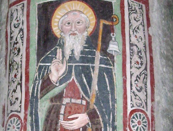 De Ierse abt St.-Columbanus (540-615), wiens monniken het West-Europese vasteland kerstenden. Fresco, 15de eeuw in de kathedraal van Brugnato (It.).