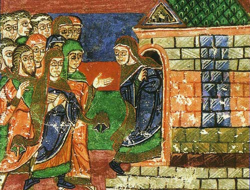Koningin Radegundis betreedt haar klooster in Poitiers. Min., 11de eeuw. Poitiers, Bibl. Municipale.