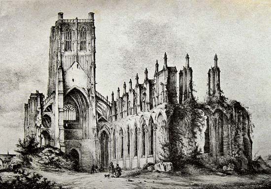 Ruïnes van de St.-Bertinusabdij in St.-Omer. Ulysses Delhom. Lithografie, ca. 1850