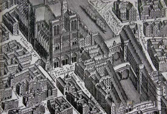 Het Hôtel-Dieu bij de kathedraal Notre-Dame in Parijs op grondplan van Turgot, 1739