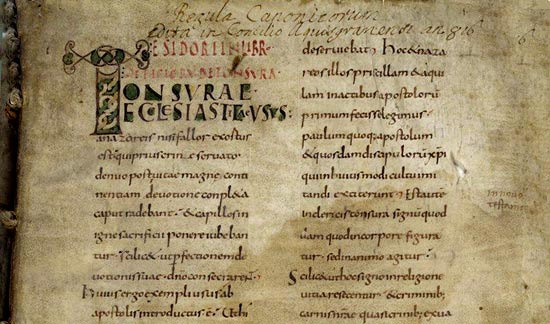 Aanhef van de wettekst Institutio Canonicorum voor kanunniken. Reims, Bibl. municipale, perkament 9de eeuw.