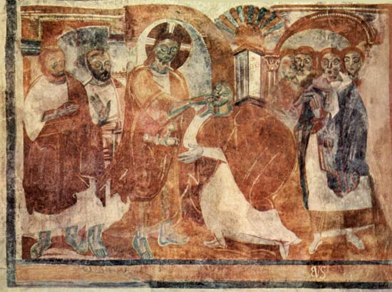 Jezus geneest de doofstomme. Fresco, 775. Müstair (Zw.), Sankt Johann kloosterkerk