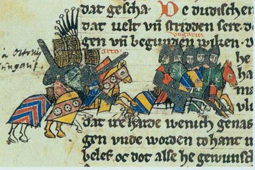 Duitse troepen verslaan de Hongaarse invallers slag van Lechfeld. Miniatuur, ca. 1270. Sächsischen Weltchronik. Gotha, Forschungs- und Landesbibl.