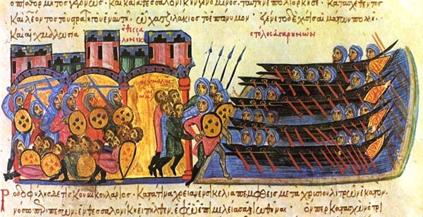 Belegering van Thessalonica door de Saracenen. Miniatuur, 11de eeuw. Skylitzes manuscript. Madrid, Biblioteca Nacional de España.