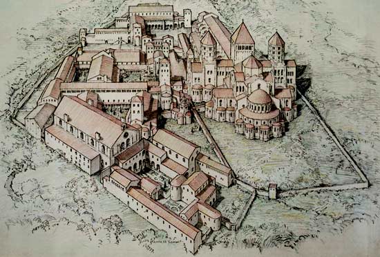Reconstructie-tekening van de Benedictijnen-abdij van Cluny.