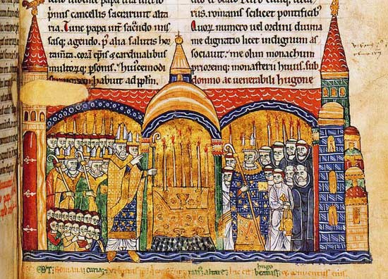Paus Urbanus II wijdt in 1095 de abdij van Cluny II in. Miniatuur, 13de eeuw. Parijs, BN.
