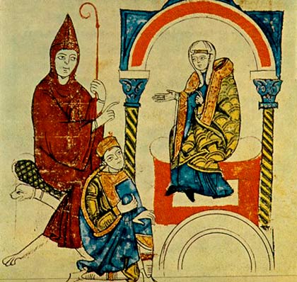 Koning Hendrik IV (midden) vraagt voorspraak van abt Hugo van Cluny (links) en gravin Mathilde van Toscane (rechts) voor pauselijke kwijtschelding van de kerkban. Miniatuur, ca. 1115. Vaticaan. Apostolische Bibliotheek.