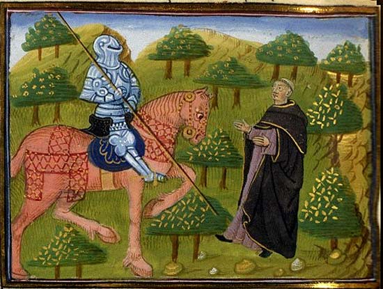 De Godsvrede verplicht de ridder om de geestelijke te beschermen. Miniatuur, 15de eeuw. Chretien de Troyes. Lancelot du Lac. Parijs BN.