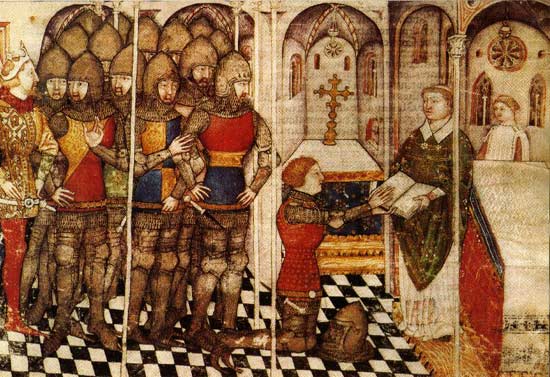 Edelman wordt tot ridder geslagen en zweert op het evangelie om het Godsbestand na te leven. Miniatuur, 14de eeuw. Parijs, BN.