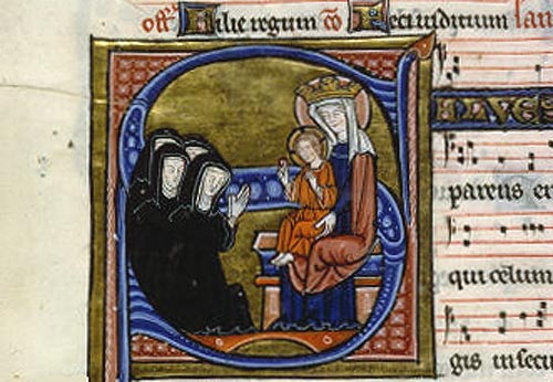 Koorzusters in gebed. Miniatuur, 1250. Limoges, Bibl. Mun. 