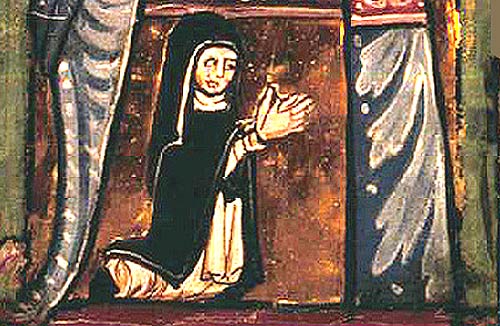 Schuldbelijdenis van een moniale. Miniatuur, 14de eeuw. Colmar, Stedelijke bibiotheek.