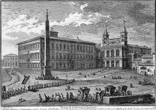Het Lateraans Paleis en de basiliek St.-Jan-van-Lateranen. Giuseppe Vasi, 18de eeuw.