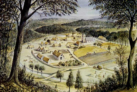 Reconstructie-tekening van een middeleeuws dorp met omliggende landerijen.