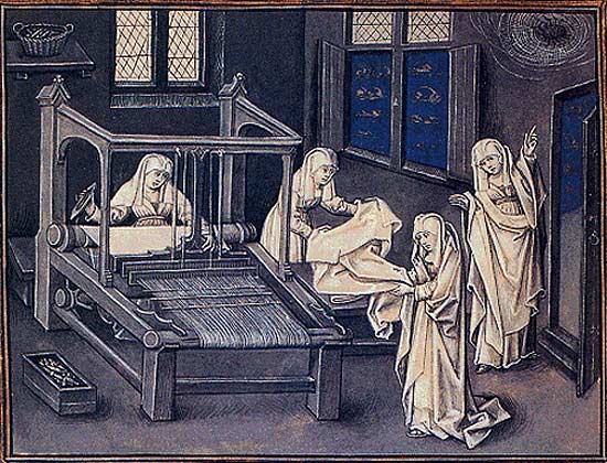 Zusters aan het weefgetouw. Miniatuur, 15de eeuw. Erlangen, Universiteitsbibliotheek.