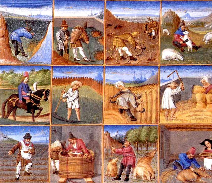 Kalender van de landbouwseizoenen. Pierre de Crescent. Miniatuur, 15de eeuw. (Chantilly, Musée Condé)