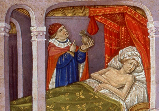 De piskijker bij het ziekbed. Miniatuur, 15de eeuw. Parijs, BNF
