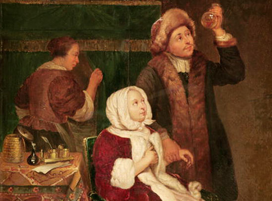 Controle van een urinestaal in de pisbokaal (= matula). Anoniem, 16de eeuw.