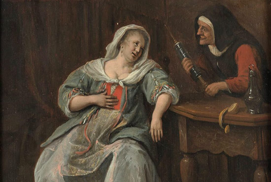 Zuster met laxeerspuit bij een zieke vrouw. Jan Steen, ca. 1660. Rotterdam, Mus. Boijmans Van Beuningen)