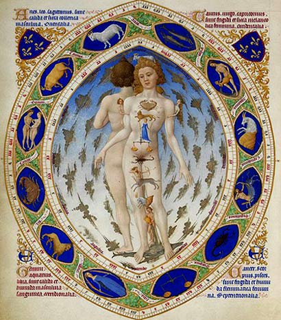 Astrologische invloeden op het menselijk lichaam. Homo astrologicus. Miniatuur, 1411. Gebroeders van Limburg 'Les Très Riches Heures du Duc de Berry'. Chantilly, Musée Condé.