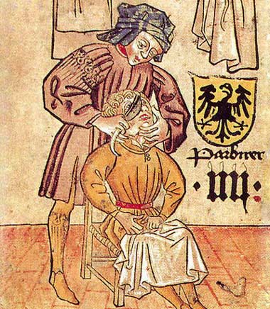 Barbier (baertmakere) aan het werk. Middeleeuwse miniatuur. s.d. 
