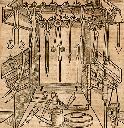 Werktuigen van de chirurg. Hieronymus Brunschwig. Houtsnede, uit 'Das Buch der Chirurgie' (1497)