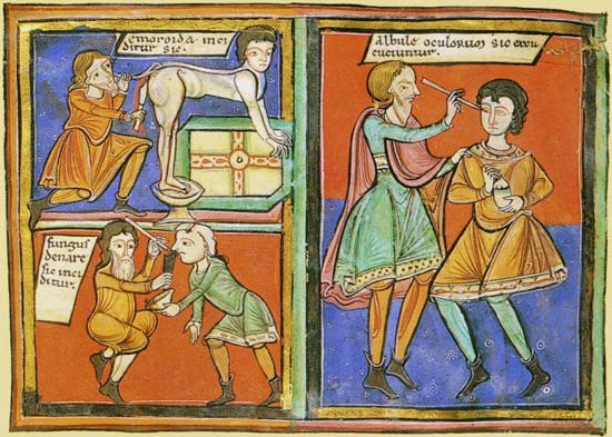 Chirurgijn behandelt aambeien, neuspoliepen en oogaandoening. Miniatuur, ca. 1300. Rogier van Salerno, 'Practica Chirurgiae', (Londen, British Library).