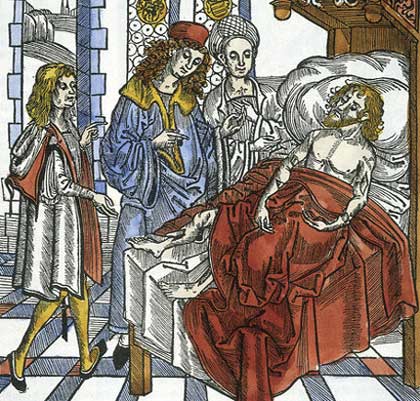 Arts met assistenten bij een zieke. Hieronymus Brunschwig. Houtsnede uit 'Das Buch der Cirurgia' (1497)