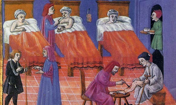 De zorg voor de zieken in een gasthuis. Miniatuur, 15de eeuw. Firenze.