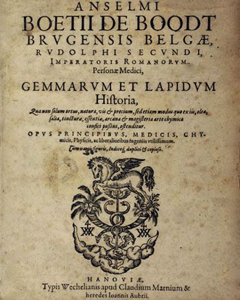Voorpagina van Anselmus de Boodt's 'Gemmarum et Lapidum Historia' (1609) over edelstenen en parels.