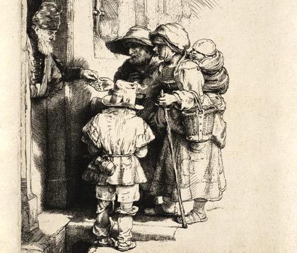 Bedelaars aan de deur. Rembrandt, 1648. (Haarlem, Teylers Museum).