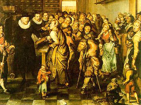Bedelaars en armen in de armenbank. Eind 16de eeuw.