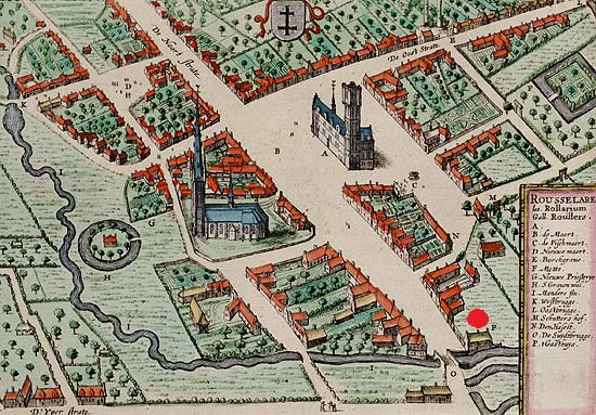 St.-Jansgasthuis voor pelgrims (P, met rode stip aangeduid), op een stadsplan van Roeselare. Sanderus, 1662