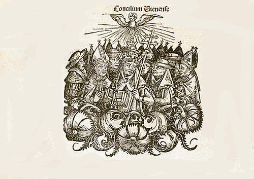 Het Concilie van Vienne. Houtsnede, 1493. Hartmann Schedel, Liber Chronicorum.