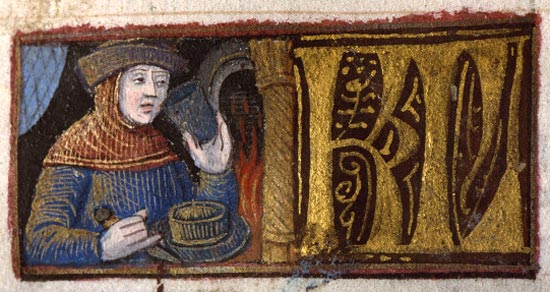 Pelgrim etend bij het haardvuur. Miniatuur, 15de eeuw. Angers, Bibliothèque Municipale