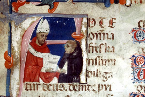 St.-Augustinus overhandigt zijn Regel aan een monnik. Miniatuur, 14de eeuw. Clermond-ferrand, Bibl. Mun.