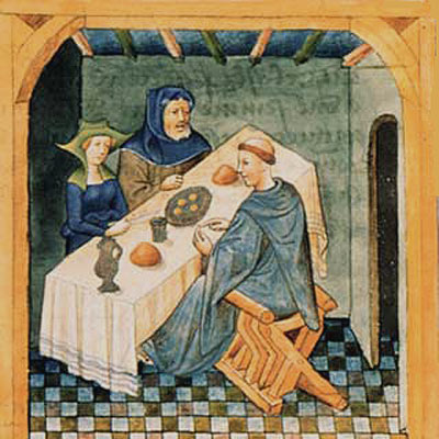 Maaltijd in het gasthuis.Vlaamse miniatuur, 1432. Parijs, BNF.