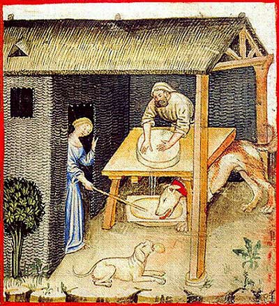 Bereiding van kaas. Miniatuur, 1400. Rome, Biblioteca Casanatense