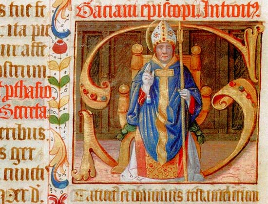 Middeleeuwse miniatuur met afbeelding van een bisschop.