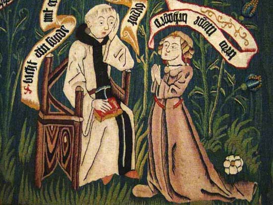 Een priester hoort de biecht van een zuster. 14de eeuws wandtapijt (detail)