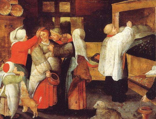 Parochiepriester op huisbezoek. Pieter Brueghel de Oude. 16de eeuw.