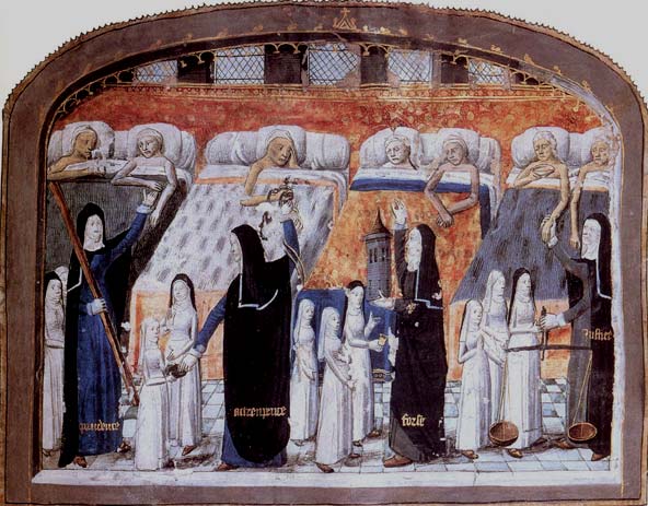 zusters in een middeleeuws stadshospitaal voor zieken