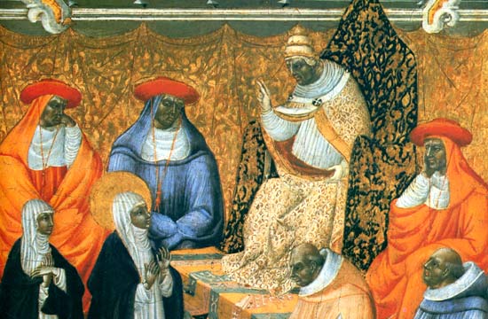 Paus Gregorius XI ontvangt St.-Catharina in zijn ballingsoord Avignon (Giovanni di Paolo, ca. 1460. Madrid, Mus. Thyssen-Bornemisza)