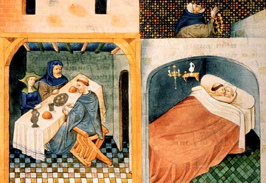Miniatuur (1431) met geestelijken in een amoureuze situatie, uit de erotische verhalenbundel Decamerone van G. Boccaccio (Parijs, BNF)