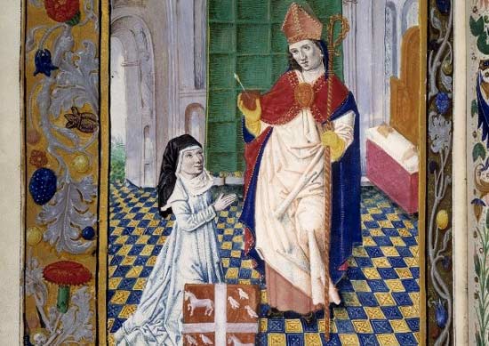 Een zuster in gebed voor St.-Augustinus. Middeleeuwse miniatuur.
