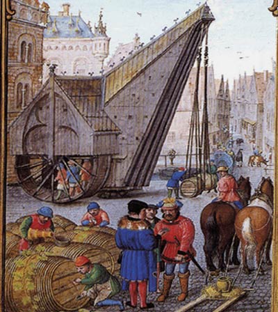 Middeleeuwse havenkraan aan de kust en een stadswaag (= weegschaal). Miniatuur, 1510.