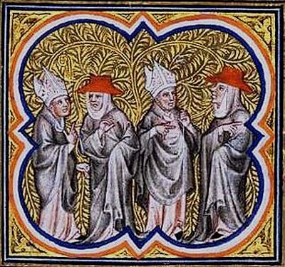 Groep hogere geestelijken. J. Frossart, miniatuur 15de eeuw. Parijs, BNF.