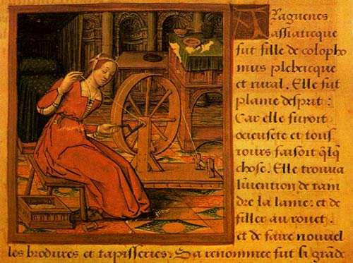 Vrouw aan het spinnewiel. Antoine Dufour, 1505.