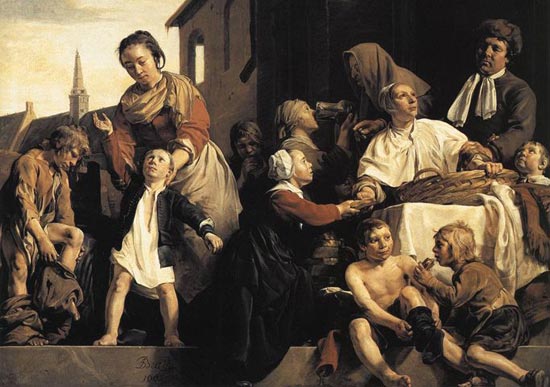 Uitdeling van kleren aan weeskinderen. Jan de Bray, 1663. Haarlem, Frans Hals Museum