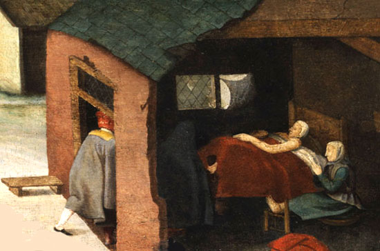 De zieken bezoeken. Fragment van een schilderij van een leerling van Brueghel de Jongere de werken van barmhartigheid (17de eeuw)