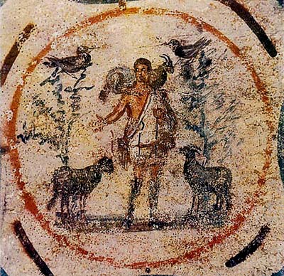 Jezus als de Goede Herder, symbool van de liefde. Fresco, 3de eeuw. Rome, Catacomben van Priscilla.